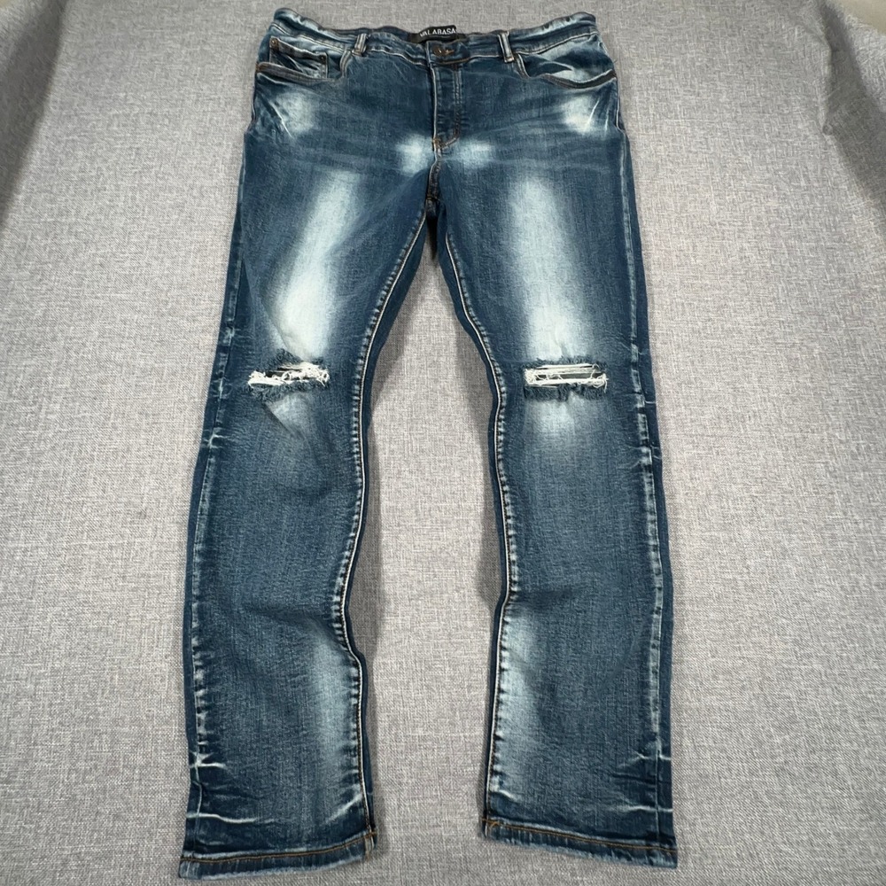 Valabasas Jeans Mens 42 (Fits 39x30) Blue Distressed Faded Button Fly Slim Moto